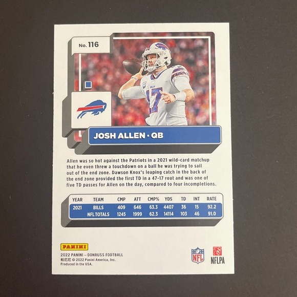 Josh Allen: Buffalo Bills, Quarterback 2022 Panini Donruss Press Proof #116 - Picture 2 of 2
